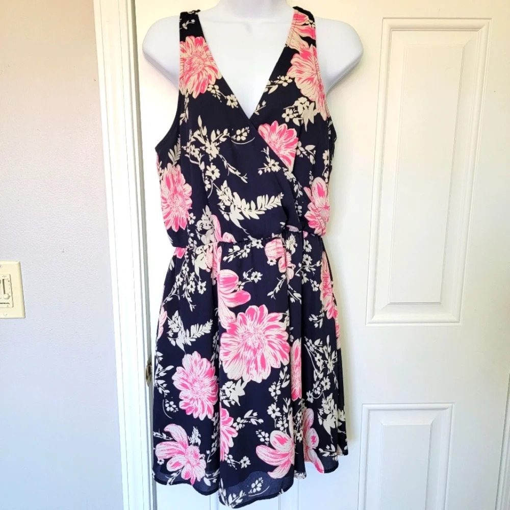 LUSH Navy Blue Pink Floral Faux Wrap Lined Sleeveless Short Dress Size M